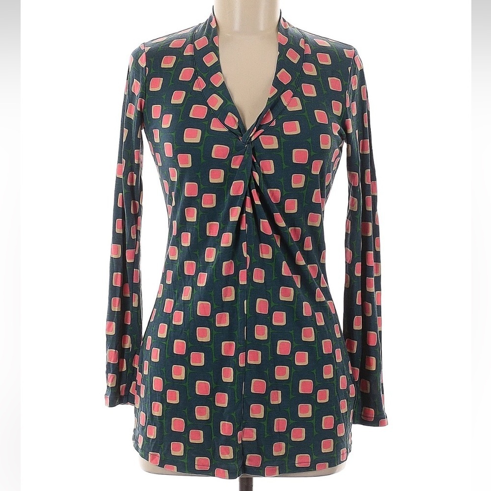 Boden Geo Print V Neck Twist Long Sleeve Top US Size 6 Shirt Jersey Knit Tunic